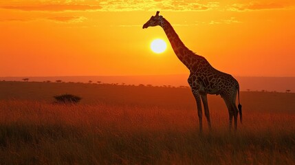 giraffe standing in the african savanna at sunset