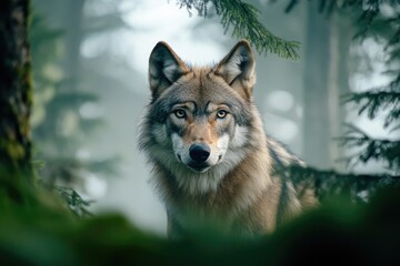 Wall Mural - majestic wolf posing in a misty forest