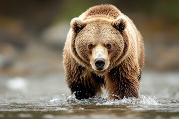 Wall Mural - large brown bear walking in river looking forward