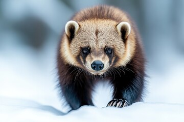 Wall Mural - wolverine walking on snow in winter forest
