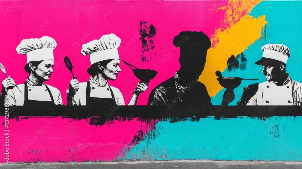 Culinary artistry displayed through chefs in an expressive mural Stock ...