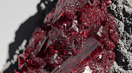 Poster - A striking red rock set against a white background showcasing the natural beauty of crystals in bright sunlight.