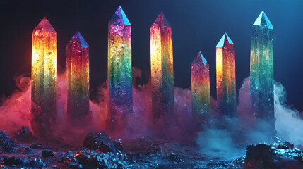 Poster - A mysterious group of crystals illuminated in the dark with rainbow-colored obsidian creating an atmospheric and captivating scene.