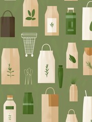 Aufkleber - Reusable grocery bags and sustainable packaging create an eco-friendly backdrop in green and beige tones for modern living Generative AI