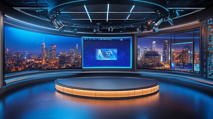 Poster - A big videowall serves as the backdrop for the event arena studio, making it ideal for TV shows, presentations, or events, and it's a 3D rendering that works well with VR tracking system sets and