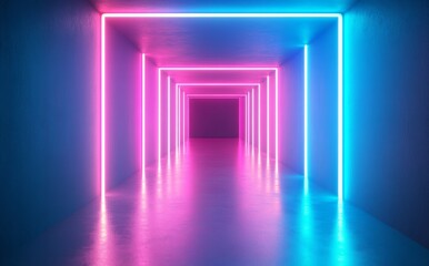 Poster - The scene is set with a 3D render of an abstract neon background, complete with a blank frame that looks like a virtual reality screen, and it includes aspects of the ultraviolet spectrum, a laser