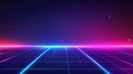 Poster - The scene depicts a virtual reality space with an abstract neon background, where a pink and blue grid is illuminated in the ultraviolet spectrum, forming a chart field seen from the front