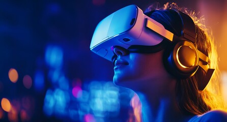Poster - The image depicts a young man with a beard, wearing glasses, as he engages with virtual reality, symbolizing the futuristic concept of augmented reality and cutting-edge technology, illuminated by