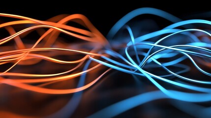 Poster - Digital cables that transport big data and are illuminated by neon lights are artistically composed with moving information impulses and twisted lines