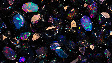 Poster - Vibrantly colored crystals displayed against a dramatic black background showcasing a stunning array of natural beauty and variety.