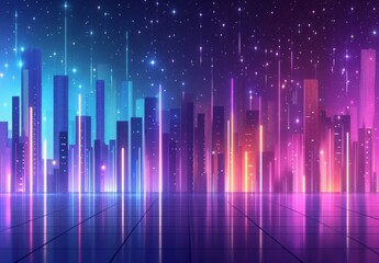 Poster - A post-apocalyptic concept featuring a 3D abstract neon background with glowing ultraviolet vertical lines, set in a virtual reality urban scene with empty streets and fantastic city skyscrapers
