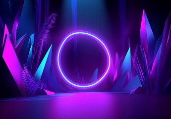 Poster - A futuristic urban landscape featuring a 3D abstract neon background, set in a cyber space virtual reality with a glowing round portal at the street's end, within a minimal city of skyscrapers, under