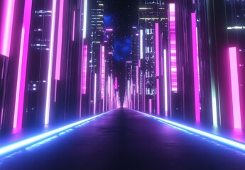 Poster - The scene depicts a cyber space with a 3D abstract neon background, glowing ultraviolet vertical lines, and a virtual reality urban setting of empty streets and fantastic city skyscrapers at night