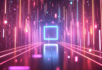 Poster - The scene depicts a post-apocalyptic urban setting with a 3D abstract neon background, a virtual reality concept, and a glowing ultraviolet frame at the end of a street lined with minimal skyscrapers