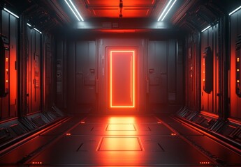 Poster - A 3D abstract neon background features a glowing rectangular frame suspended in cyber space, forming a fantastic scene within virtual reality, complete with a road that winds between walls of blocks