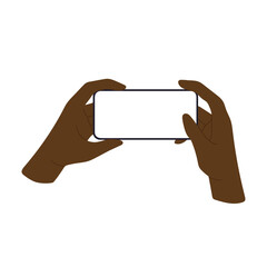 Poster - Phone in hand with blank screen, african american person holding mobile device horizontally. Smartphone gadget for app, video, game or mockup, modern technology use. Flat vector illustration isolated