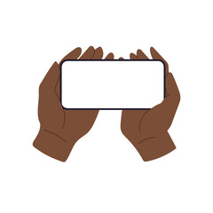 Poster - Phone in hand with blank screen, smartphone device held by user. African American man using mobile to watch, play, or use app, technology in horizontal view. Flat vector illustration isolated on white
