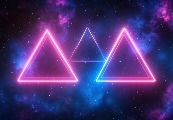 Poster - The image is a 3D render of an abstract background in pink and blue neon, incorporating a glowing triangle, ultraviolet light, a laser display, and a wall reflection that forms a triangular shape