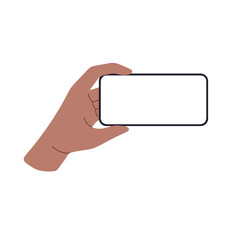 Poster - Phone in hand, smartphone with blank screen, person holding mobile device horizontally. African American user with dark skin, using gadget for app. Flat vector illustration isolated on white