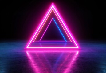 Poster - The image is a 3D render of an abstract background in pink and blue neon, complete with glowing triangular lines, ultraviolet lighting, and the reflective qualities of a laser show on a wall with