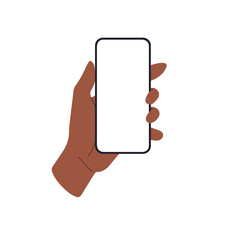Poster - Phone mockup with empty screen, mobile device held by hand, black skin person using smartphone vertically. user with dark skin, clean display for app. Flat vector illustration isolated on white