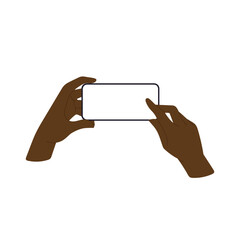 Poster - Phone with blank screen held in hand, black skin user using smartphone horizontally. African American man holding mobile device, click, play, watch or use app. Flat vector illustration isolated on