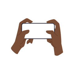 Poster - Phone with blank screen held by two hands, black skin user showing smartphone horizontally. African woman holding mobile device, ready to use, play. Flat vector illustration isolated on white