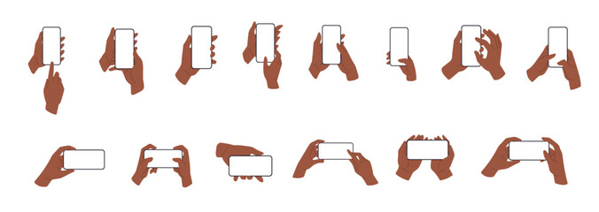 Poster - Phone with blank screen in hand, set. User holding mobile device, cellular telephone, smartphone or gadget, using application. Set isolated on white background.
