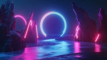 Poster - The cosmic landscape at night is set against a 3D abstract neon background, with foggy rocks and ground, and includes a round blank frame and copy space, all bathed in the glow of red and blue light