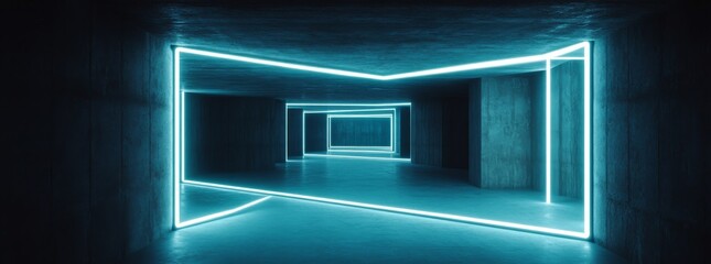 Poster - A dark tunnel is illuminated by white neon lamps, with reflections visible on the walls