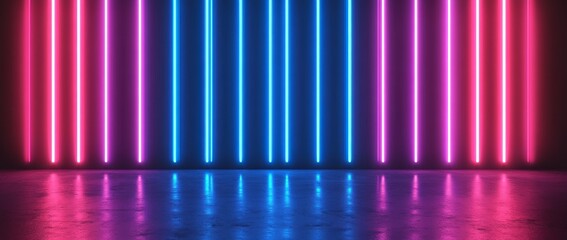 Poster - A 3D abstract neon background featuring chaotic wavy lines and a glowing trajectory path illuminated by ultraviolet light with violet, blue, and red laser rays