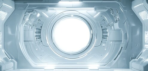 Poster - A futuristic portal radiates a bright white glow, surrounded by a neon circle, and is constructed from silver metal with a sci-fi aesthetic