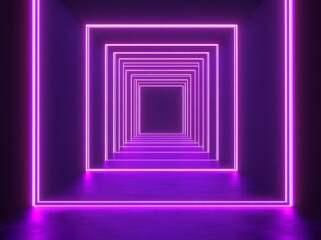 Poster - The image features a 3D render of a glowing ultraviolet neon square portal, complete with a tunnel or corridor, and adorned with abstract fashion elements, including violet neon lights, an arch, and