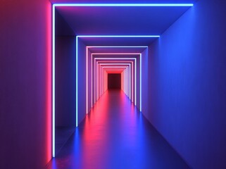 Poster - A 3D rendering of an ultraviolet neon square portal with glowing lines, set within a tunnel or corridor, evoking a virtual reality and abstract fashion background with violet neon lights, an arch,