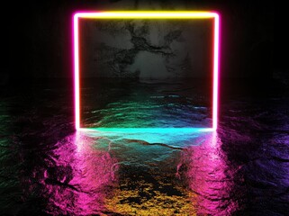 Poster - The image is a 3D render with vibrant rainbow colors, incorporating a laser show, a glowing spectrum rectangle, and neon lights, all set against a blank frame to create an abstract psychedelic