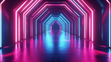 Poster - The image features a 3D visualization of a geometric figure in neon, positioned against a dark tunnel with a radiant laser glow