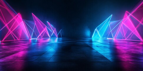 Poster - A 3D render of an abstract background with glowing lines and neon lights creates a virtual reality atmosphere, complete with a blue triangular arch and a vibrant color spectrum that spans ultraviolet