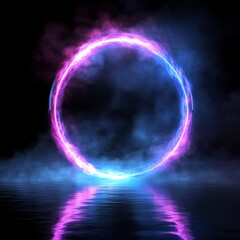 Poster - A 3D render featuring an abstract background with a round portal, illuminated by pink and blue neon lights, evoking a virtual reality atmosphere with circles, an energy source, glowing rings, and