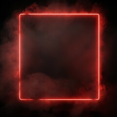 Poster - A 3D rendering features an abstract background with a square portal, illuminated by red neon lights, evoking a virtual reality atmosphere with glowing lines in shades of pink and blue, spanning the