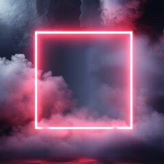 Poster - The scene is set with a 3D render of an abstract background, incorporating a square portal, red neon lights, and elements of virtual reality, including glowing lines in pink and blue hues, which