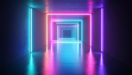 Poster - A 3D rendering features a virtual reality setting with neon lights, a square portal, and a tunnel, all set against an abstract backdrop that incorporates the ultraviolet spectrum, a laser show, and a