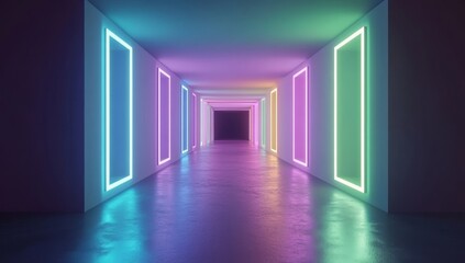 Poster - The scene is set in a virtual reality environment with a 3D render, incorporating neon lights, a square portal, and a corridor or tunnel, all on an ultraviolet abstract background with elements of a