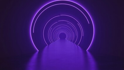 Poster - A 3D rendering featuring a virtual reality setting with neon lights, a circular portal, and rings, set against an abstract backdrop with ultraviolet hues, laser displays, and a catwalk podium with a