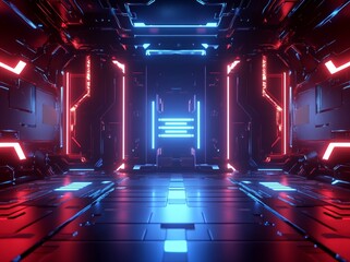 Poster - The image is a 3D render with glowing lines, neon lights, and an abstract psychedelic background, complete with a cube cage, and a vibrant color spectrum that includes ultraviolet and blue, evoking a