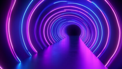 Poster - The scene is a 3D render of a virtual reality environment filled with neon lights, round portals, and circular patterns, complete with an ultraviolet-infused abstract background, a laser light show,