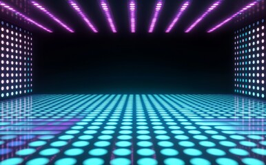 Poster - A 3D rendering featuring an abstract background with screen pixels, glowing dots, and neon lights, evoking a virtual reality experience with ultraviolet spectrum hues of pink and blue, set against a