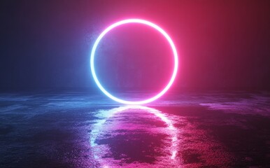 Poster - A 3D render featuring an abstract background with a round screen, ring, and glowing dots, all illuminated by neon light, evoking a sense of virtual reality with a volume equalizer interface, HUD