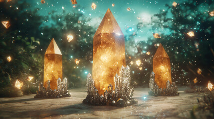 Poster - Magnificent group of towering crystals with silver lace texture illuminated by ambient light creating a dreamy atmosphere.
