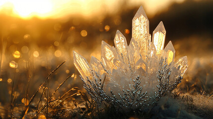 Poster - Frosty flower glimmering in sunlight with crystal-like appearance creating a stunning contrast against the bright background.
