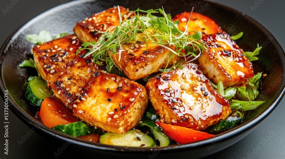 Soft, natural lighting highlights the crispiness of the tofu, the freshness of the vegetables, and the rich colors of the dish while casting gentle shadows for depth.